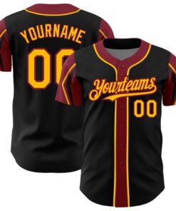 Custom Black Gold-Crimson 3 Colors Arm Shapes Authentic Baseball Jersey
