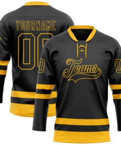 Custom Black Gold Hockey Lace Neck Jersey