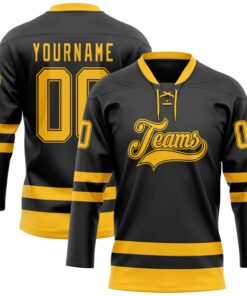 Custom Black Gold Hockey Lace Neck Jersey
