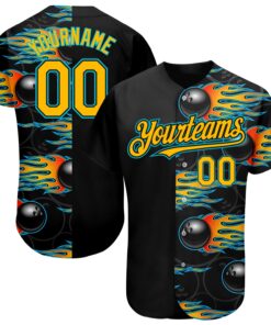 Custom Black Gold-Lakes Blue 3D Pattern Design Bowling Ball With Hotrod Flame Authentic Baseball Jersey Ball