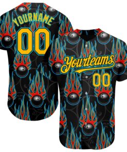 Custom Black Gold-Lakes Blue 3D Pattern Design Bowling Ball With Hotrod Flame Authentic Baseball Jersey