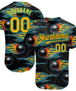 Custom Black Gold-Lakes Blue 3D Pattern Design Bowling Ball With Hotrod Flame Authentic Baseball Jersey