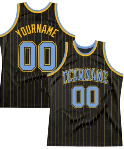 Custom Black Gold Pinstripe Light Blue-Gold Authentic Basketball Jersey