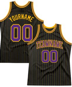 Custom Black Gold Pinstripe Purple-Gold Authentic Basketball Jersey