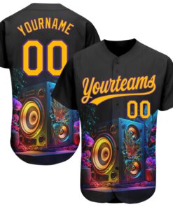 Custom Black Gold-Purple 3D Pattern Design Music Festival Vintage Speaker Music Sound System Authentic Baseball Jersey