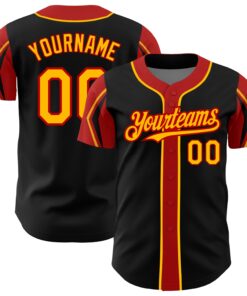 Custom Black Gold-Red 3 Colors Arm Shapes Authentic Baseball Jersey