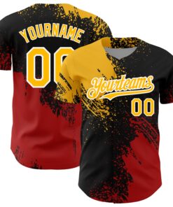 Custom Black Gold-Red 3D Pattern Design Abstract Brush Stroke Authentic Baseball Jersey
