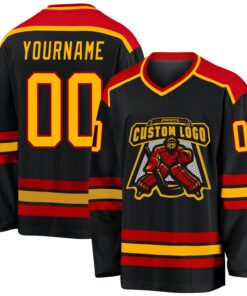 Custom Black Gold-Red Hockey Jersey