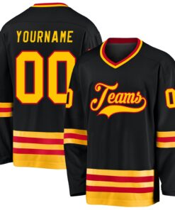 Custom Black Gold-Red Hockey Jersey