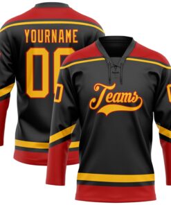 Custom Black Gold-Red Hockey Lace Neck Jersey