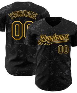 Custom Black Gold-Steel Gray 3D Pattern Design Abstract Splatter Texture Authentic Baseball Jersey
