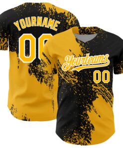 Custom Black Gold-White 3D Pattern Design Abstract Brush Stroke Authentic Baseball Jersey