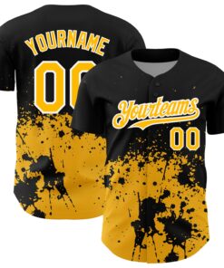Custom Black Gold-White 3D Pattern Design Abstract Splash Grunge Art Authentic Baseball Jersey