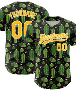 Custom Black Gold-White 3D Pattern Design Cactus Festival Authentic Baseball Jersey