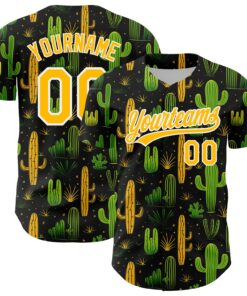 Custom Black Gold-White 3D Pattern Design Cactus Festival Authentic Baseball Jersey