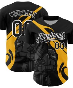 Custom Black Gold-White 3D Pattern Design Knight Hero Art Authentic Baseball Jersey