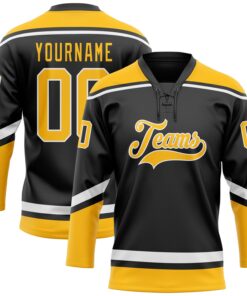 Custom Black Gold-White Hockey Lace Neck Jersey