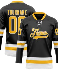 Custom Black Gold-White Hockey Lace Neck Jersey