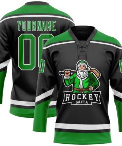Custom Black Grass Green-White Christmas Santa Claus 3D Hockey Lace Neck Jersey