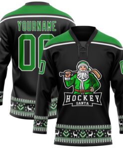 Custom Black Grass Green-White Christmas Santa Claus 3D Hockey Lace Neck Jersey