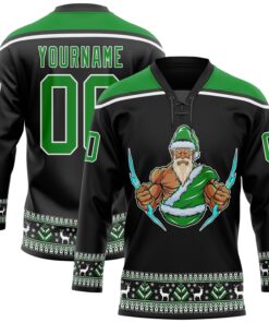 Custom Black Grass Green-White Christmas Santa Claus 3D Hockey Lace Neck Jersey