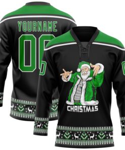 Custom Black Grass Green-White Christmas Santa Claus 3D Hockey Lace Neck Jersey