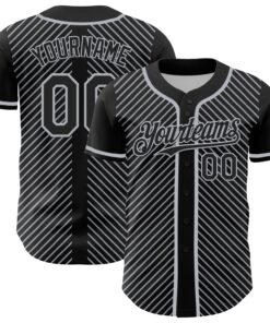 Custom Black Gray 3D Pattern Design Diagonal Stripes Authentic Baseball Jersey