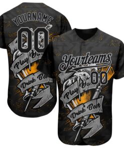 Custom Black Gray 3D Pattern Design Play Dart Drink Beer Authentic Baseball Jersey