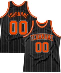 Custom Black Gray Pinstripe Orange-Gray Authentic Basketball Jersey