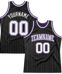 Custom Black Gray Pinstripe White-Purple Authentic Basketball Jersey
