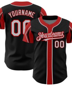 Custom Black Gray-Red 3 Colors Arm Shapes Authentic Baseball Jersey