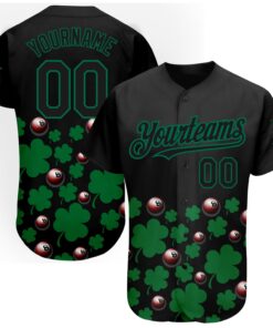 Custom Black Green 3D Pattern Design Clovers And Billiards Balls St. Patrick's Day Authentic Baseball Jersey