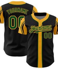 Custom Black Green-Gold 3 Colors Arm Shapes Authentic Baseball Jersey