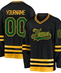 Custom Black Green-Gold Hockey Jersey