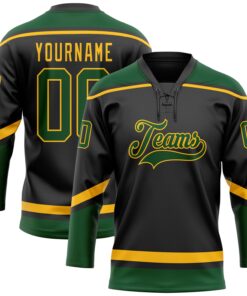 Custom Black Green-Gold Hockey Lace Neck Jersey