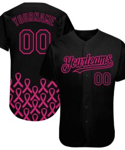 Custom Black Hot Pink 3D Pink Ribbon Breast Cancer Awareness Month Women Health Care Support Authentic Baseball Jersey