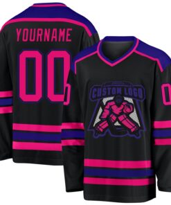 Custom Black Hot Pink-Dark Purple Hockey Jersey