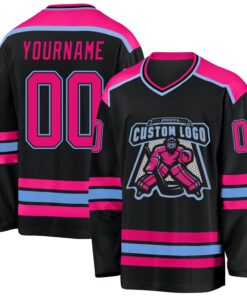 Custom Black Hot Pink-Light Blue Hockey Jersey