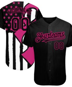 Custom Black Hot Pink-White 3D Pink Ribbon Breast Cancer Awareness Month Women Health Care Support Authentic Baseball Jersey