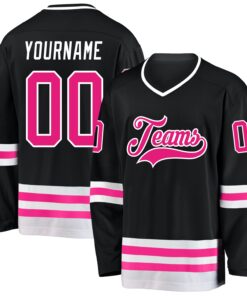 Custom Black Hot Pink-White Hockey Jersey