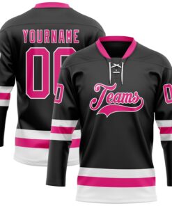 Custom Black Hot Pink-White Hockey Lace Neck Jersey