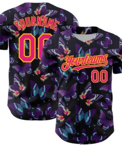 Custom Black Hot Pink-Yellow 3D Pattern Design Animal Butterfly Authentic Baseball Jersey