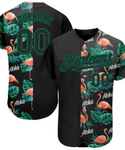 Custom Black Kelly Green 3D Pattern Design Hawaii Flamingos And Leaves Authentic Baseball Jersey