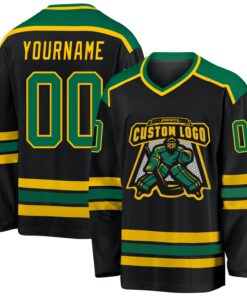 Custom Black Kelly Green-Gold Hockey Jersey