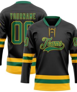 Custom Black Kelly Green-Gold Hockey Lace Neck Jersey