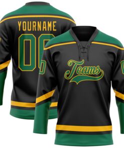 Custom Black Kelly Green-Gold Hockey Lace Neck Jersey