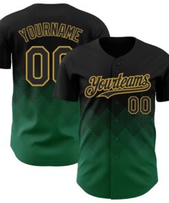 Custom Black Kelly Green-Old Gold 3D Pattern Design Gradient Square Shapes Authentic Baseball Jersey