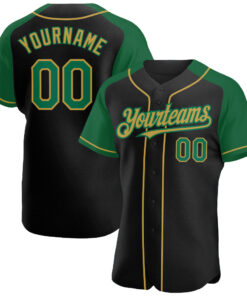 Custom Black Kelly Green-Old Gold Authentic Raglan Sleeves Baseball Jersey