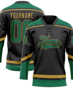 Custom Black Kelly Green-Old Gold Hockey Lace Neck Jersey