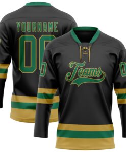 Custom Black Kelly Green-Old Gold Hockey Lace Neck Jersey